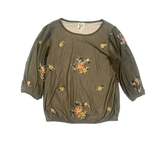 Anthropologie Fig & Flower Sz M Mesh Top Olive Brown Embroidered Floral Boho - Picture 3 of 12